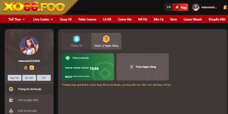 Hướng dẫn nạp tiền XO88 qua ngân hàng online